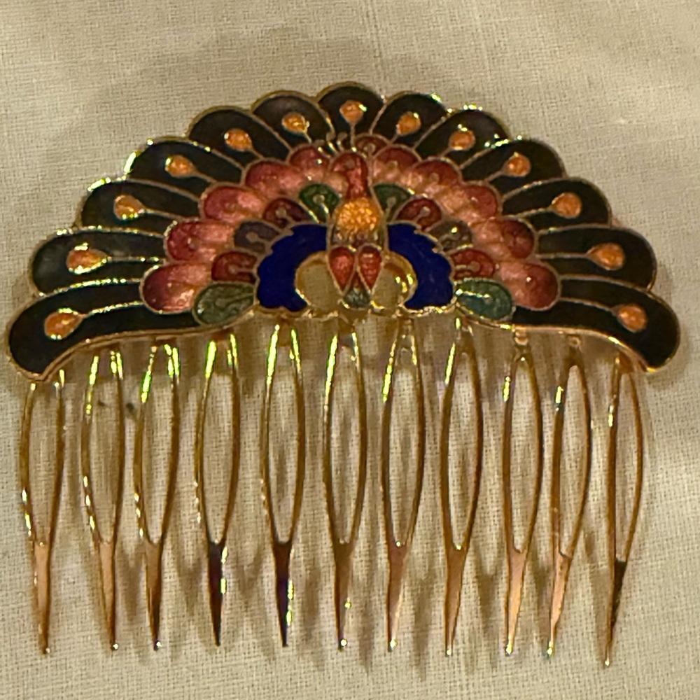 Vintage Guilloche Hair Comb Peacock Gold and Multicolor NEW